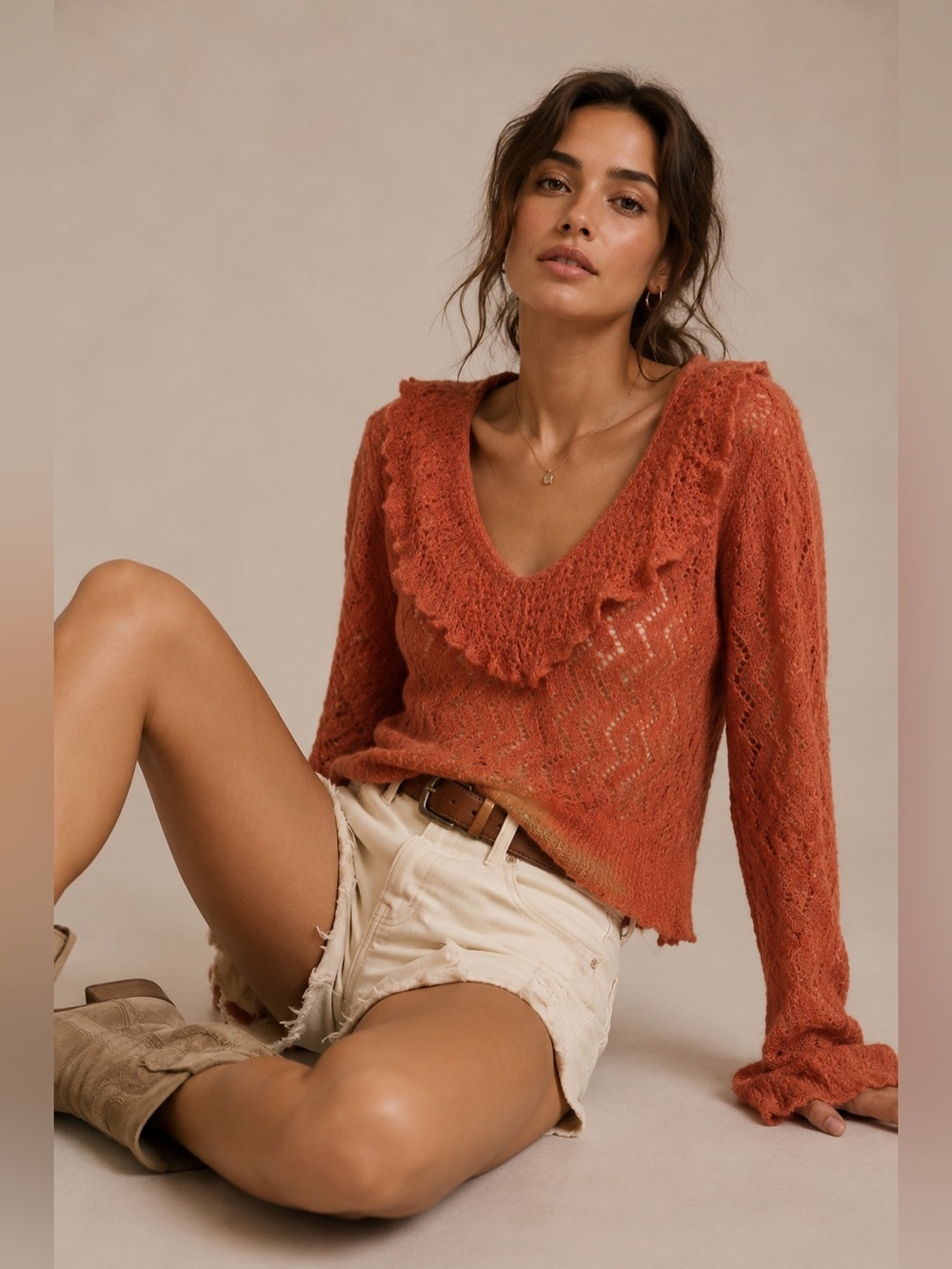 Free People Macaroon Ruffled Neck Knit Sweater Orange